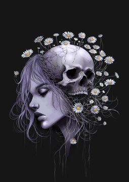 Digital artwork of a woman with purple hair alongside a skull surrounded by daisies on a black background.