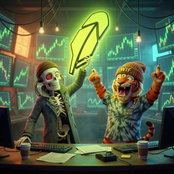 A 3D-rendered scene features a skeleton in a beanie and a tiger in a 'WIF' beanie cheering excitedly while holding up a glowing yellow arrow above a trading desk covered in monitors.