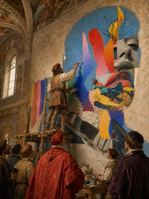 Renaissance-style painting depicting artists on scaffolding creating a mural, overlaid with a colorful abstract collage and classical sculpture face.