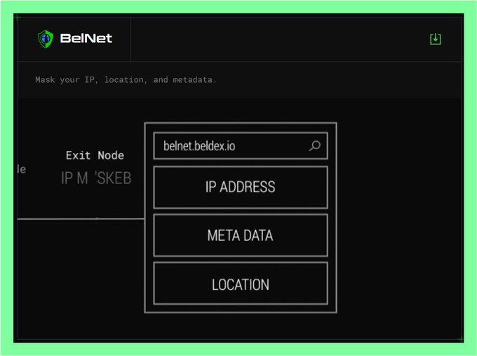 A screenshot of the BelNet app interface, showing options to 'Mask your IP, location, and metadata' with an Exit Node set to 'belnet.beldex.io,' along with buttons for IP ADDRESS, META DATA, and LOCATION.