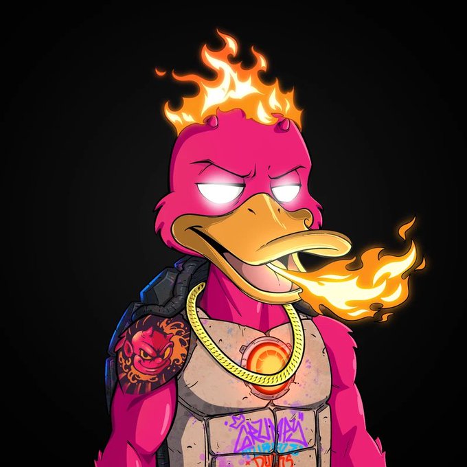 A cartoon-style illustration of a fierce pink duck-like character with glowing white eyes, a flaming crest on its head, and flames coming from its beak, wearing a tactical vest with graffiti and a gold chain, set against a black background.