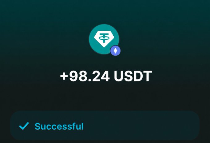 A digital transaction success screen displays a green logo with '+98.24 USDT' and a 'Successful' confirmation button.