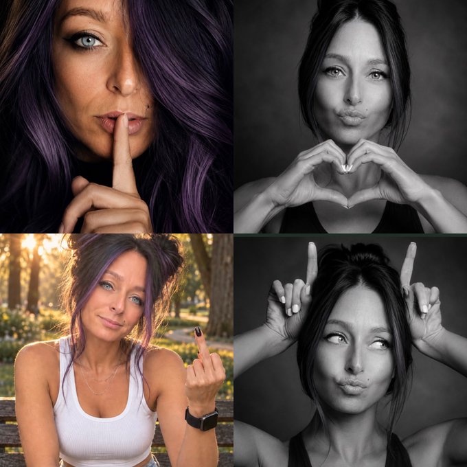 A four-panel collage of a woman with purple-streaked hair making various expressions including shushing, blowing a kiss, flipping the bird, and forming a heart with her hands.