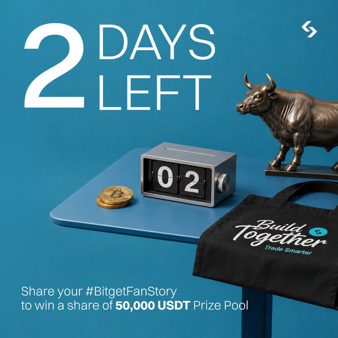 A promotional graphic for Bitget's #BitgetFanStory campaign displays "2 DAYS LEFT" prominently, featuring a flip calendar showing "02," a bronze bull statue, gold Bitcoin coins, and a black "Build Together, Trade Smarter" tote bag, encouraging users to share their stories for a chance to win a share of the 50,000 USDT prize pool before the deadline closes.