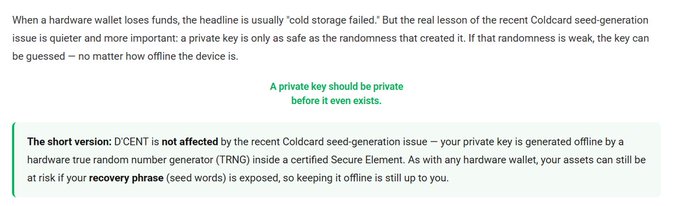 The image is a text-based statement from D'CENT addressing the recent Coldcard seed-generation issue, emphasizing that "A private key should be private before it even exists." It reassures users that D'CENT is not affected because its wallets generate private keys offline using a hardware true random number generator (TRNG) inside a certified Secure Element, while also reminding users to keep their recovery phrases safe.