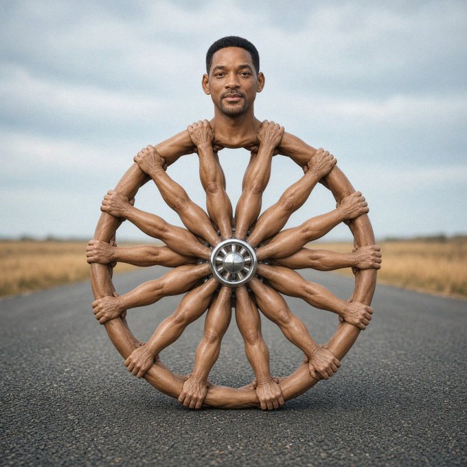 A surreal digital composite image showing a man whose arms multiply into a wheel-like circular arrangement, all holding onto a central chrome hubcap on an empty road.