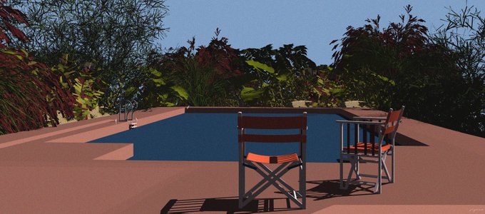 A 3D-rendered illustration of a poolside scene with two red and white folding chairs and a small table beside a blue swimming pool, surrounded by lush tropical foliage under a clear sky.