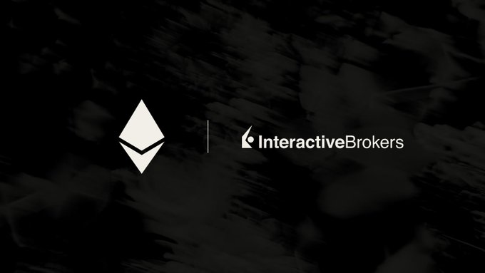 The image features the Interactive Brokers logo (the Ethereum diamond emblem alongside the "InteractiveBrokers" branding with its stylized "IB" icon) displayed against a dark, abstract black-and-gray background, which visually represents the brokerage's newly announced ETH staking services for its 5.5 million client accounts.