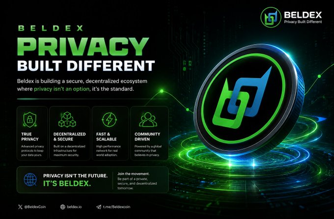 A Beldex cryptocurrency promotional graphic with the tagline 'Privacy Built Different,' featuring a glowing green token and key features like True Privacy, Decentralized & Secure, Fast & Scalable, and Community Driven.