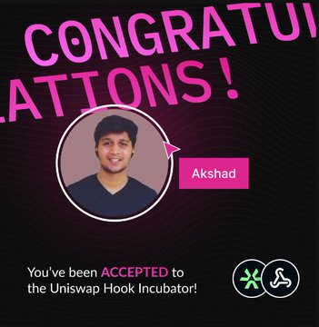 The image features a man with dark hair wearing a black shirt, smiling at the camera. The background of the image is black, making him stand out against it. The text "Congratulations! You've been accepted to the Uniswap Hook Incubator!" is written in pink and green colors on the image. This message congratulates the man for being selected into the hook incubator program at Uniswap.