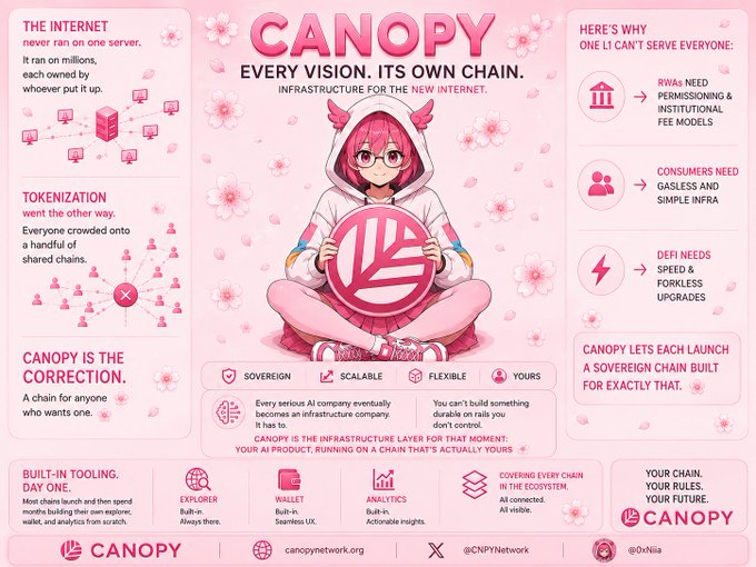 A pink-themed promotional infographic for 'CANOPY' featuring an anime-style character in a hoodie, advertising 'INFRASTRUCTURE FOR THE NEW INTERNET' with sections about tokenization, sovereignty, scalability, and flexibility.