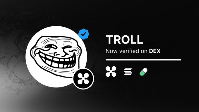 The image shows a black promotional banner featuring the classic "Trollface" meme icon on the left, alongside text reading "TROLL - Now verified on DEX," indicating the TROLL token's official verification status on a decentralized exchange, which aligns with the announcement about trading fees being used for buybacks and burns.