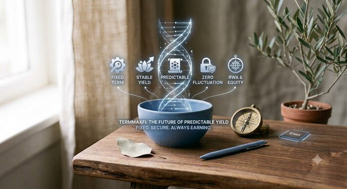 TermMaxfi promotional image showing a DNA helix hologram emerging from a blue bowl with icons labeled 'FIXED TERM', 'STABLE YIELD', 'PREDICTABLE FIXED', 'ZERO FLUCTUATION', 'RWA & EQUITY' and text 'TERRMAXFI: THE FUTURE OF PREDICTABLE YIELD. FIXED. SECURE. ALWAYS EARNING.'