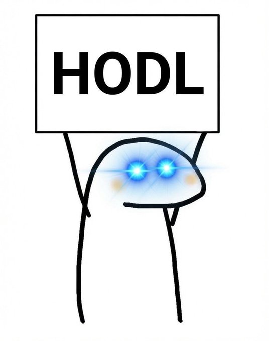A simple cartoon drawing of a stick figure with glowing blue robotic eyes holding up a sign that reads 'HODL'.