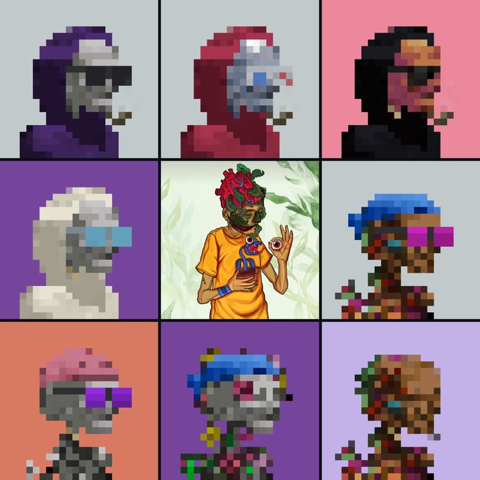 A 3x3 grid of pixel-art style portraits showing various stylized characters with different colored backgrounds and accessories like sunglasses.