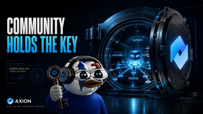 A promotional graphic for AXION DAO featuring a penguin mascot holding a key, with text 'COMMUNITY HOLDS THE KEY' and a vault imagery in the background.
