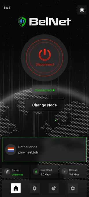 A mobile app screenshot of 'BelNet' VPN shows a disconnected power button, 'Connected' status, a 'Change Node' button, and a selected Netherlands server ('pinwheel.bdx') with download at 6.0 Kbps and upload at 5.0 Kbps.
