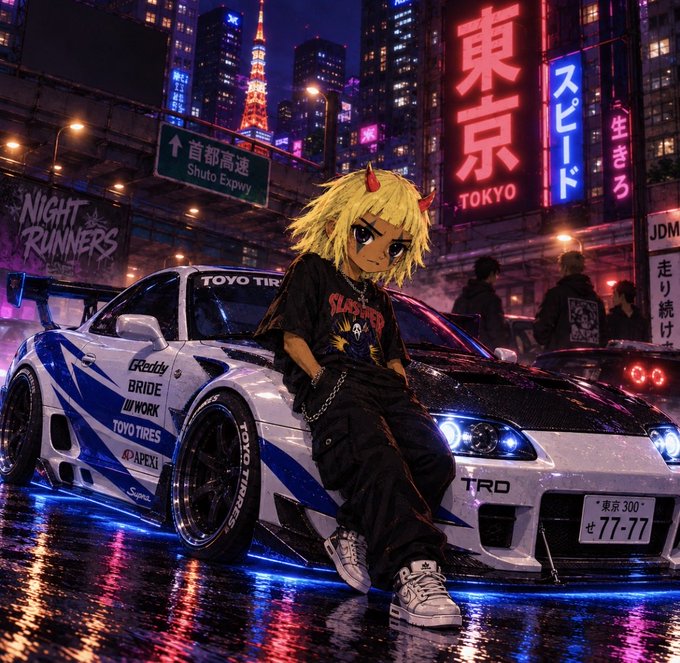 Anime-style artwork of a girl with blonde hair and red horns wearing a Slayer band shirt, leaning against a modified Toyota Supra with Bridgestone and TRD branding, set against a neon-lit Tokyo cityscape featuring a Tokyo Tower replica.