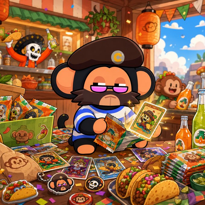 The image features a cartoon character, possibly a monkey or a bear, sitting at a table surrounded by various items such as cards, toys, and food. The character appears to be reading a card while holding a deck of cards in their hand. There are also several bottles on the table, along with some other objects like a cup and a bowl.

The post includes text that reads "this is why we #chimp the @ChimpersHQ x @Jarritos packs go live at 5pm GMT+1 today i was told it was a card drop then they added loot boxes leaderboards physical rewards AR cards music and taco dojo lore normal behaviour honestly see you in the dojo". The post seems to be promoting an event or gathering, possibly involving trading cards or other items.