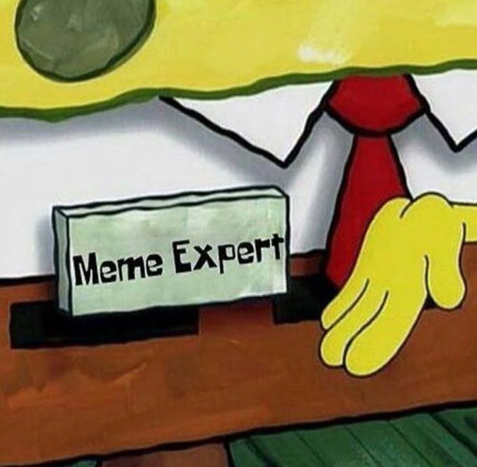 A SpongeBob SquarePants meme showing a nameplate that reads 'Meme Expert' sitting on a desk.