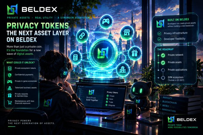 A promotional graphic for Beldex introduces 'Private Tokens' as the next asset layer, highlighting features like privacy infrastructure, private assets, and a roadmap including EVM ecosystem, alongside an illustration of a person working at a glowing futuristic terminal.