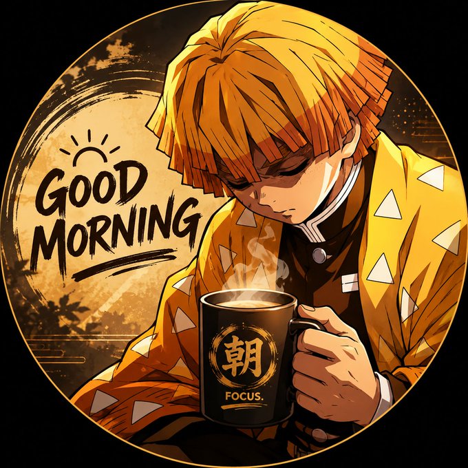 An anime-style illustration of Zenitsu from Demon Slayer with closed eyes, wearing his signature yellow haori, holding a steaming black mug with a Japanese character and the word 'FOCUS,' alongside the text 'GOOD MORNING.'