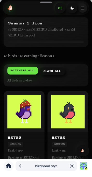 A screenshot of the birdhood.xyz website showing 'Season 1 live' with bird token earnings (60 $BIRD / 10.00M $BIRD distributed), displaying two common pixel-art bird NFTs (#3752 and #3753) with 'ACTIVATE ALL' and 'CLAIM ALL' buttons.