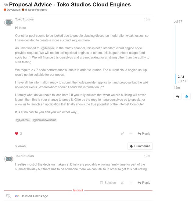 The image shows a Dfinity forum post by TokoStudios titled "Proposal Advice - Toko Studios Cloud Engines," where they request 2x 7-node cloud engine subnets but report their post was hidden within 4 minutes. This visually supports the accompanying message about the post being suppressed almost immediately on the Dfinity forums.