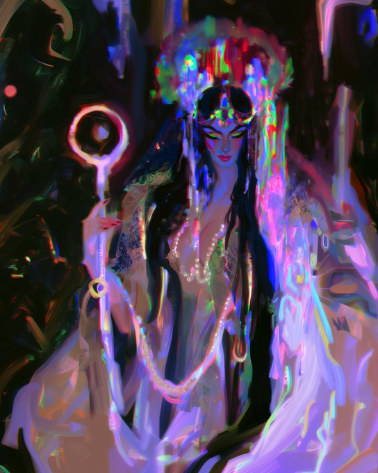 A regal woman adorned with an elaborate crown of crystals and flowers holds a glowing scepter, draped in flowing luminescent robes with pearl strands. The vibrant, glitch-like chromatic effects and mystical atmosphere evoke the ethereal, self-portrait vision suggested by the "GM Royal Self Portrait #42" title, blending fantasy portraiture with digital AI artistry.