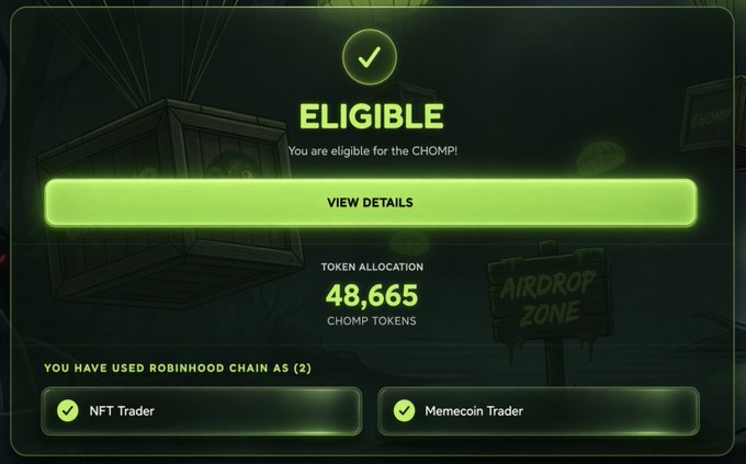An "ELIGIBLE" notification showing a token allocation of 48,665 CHOMP tokens for a Robinhood Chain user who has qualified as both an NFT Trader and Memecoin Trader. The image illustrates the post's announcement about checking $CHOMP airdrop allocations for Robinhood Chain users, with the 48,665 token amount highlighting the user's speculation about whether it equals $48.00 or $0.48.