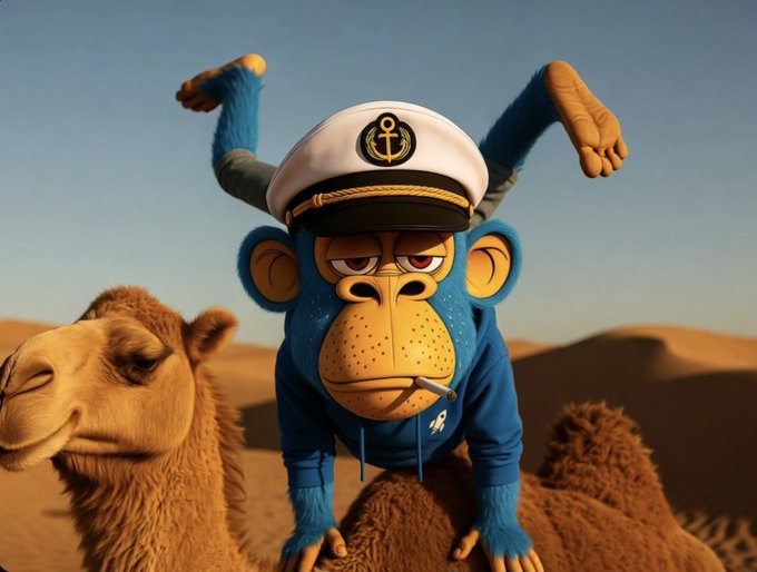 A surreal 3D-rendered image of a blue monkey-like creature wearing a white sailor's cap with an anchor emblem, perched on a camel's back in a desert landscape.