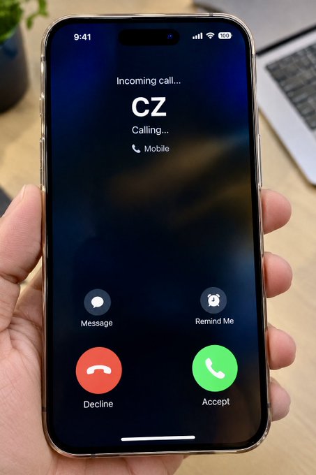 A hand holds an iPhone displaying an incoming call screen from 'CZ' on mobile, showing 9:41 time and standard Decline/Accept options.