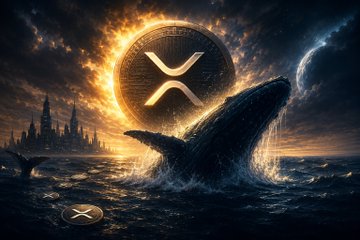 The image depicts a serene scene with a floating whale surrounded by blue ocean water under a dark cloudy sky. The whale has its head lowered in the water and appears to be eating something off the surface of the water, indicating a peaceful and calm atmosphere. 

In the background, there are several coins scattered throughout the scene, including one positioned at the very center of the image, another towards the left edge, and two others near the bottom right corner. The coins seem out of place among the natural elements in this aquatic setting. There is also a small boat located on the far right side of the image. 

The caption provided connects the scene to a post where #XRP is being discussed, suggesting that the image may potentially be related to an online discussion or conversation about cryptocurrency prices and market trends.