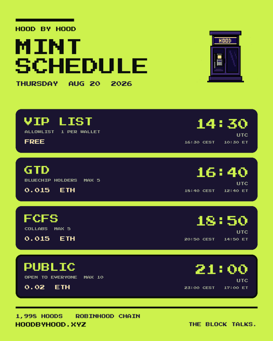 A pixel-art style promotional graphic for 'HOOD BY HOOD' detailing a 'MINT SCHEDULE' for Thursday, August 20, 2026, listing VIP, GTD, FCFS, and Public sale times in UTC with prices in ETH.