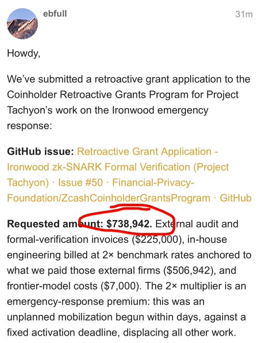A screenshot of a forum post by 'ebfull' announcing a retroactive grant application for Project Tachyon's Ironwood emergency response work, with the requested amount of $738,942 circled in red.