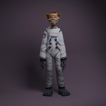 The image features a cartoon monkey wearing a spacesuit, standing upright with its arms crossed over its chest. The monkey has a big smile on its face as if posing for the camera. Below the monkey's feet are two pairs of shoes, one blue and one gray. There is also text in the image that reads "Don't laugh at me but I just learned from @RFDZI post how to get these #BAYC". The monkey appears to be standing on a purple background, which contrasts with its white outfit and adds depth to the scene.