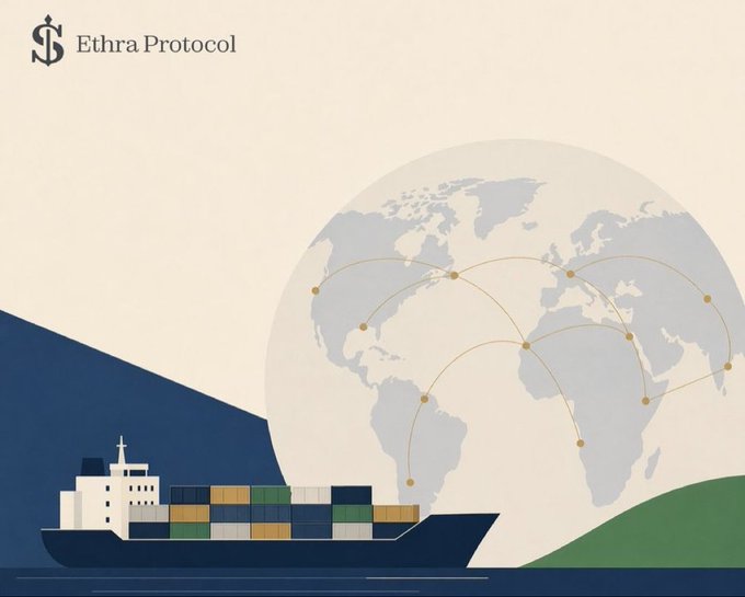 The image shows the "Ethra Protocol" logo in the top left corner, featuring a stylized cargo ship loaded with multicolored shipping containers sailing across the ocean in front of a world globe with interconnected global trade routes. This visual reinforces the post's message about Ethra's maritime-focused RWA protocol and its permissionless $SHIP ecosystem, illustrating how the platform bridges traditional global shipping with blockchain accessibility.