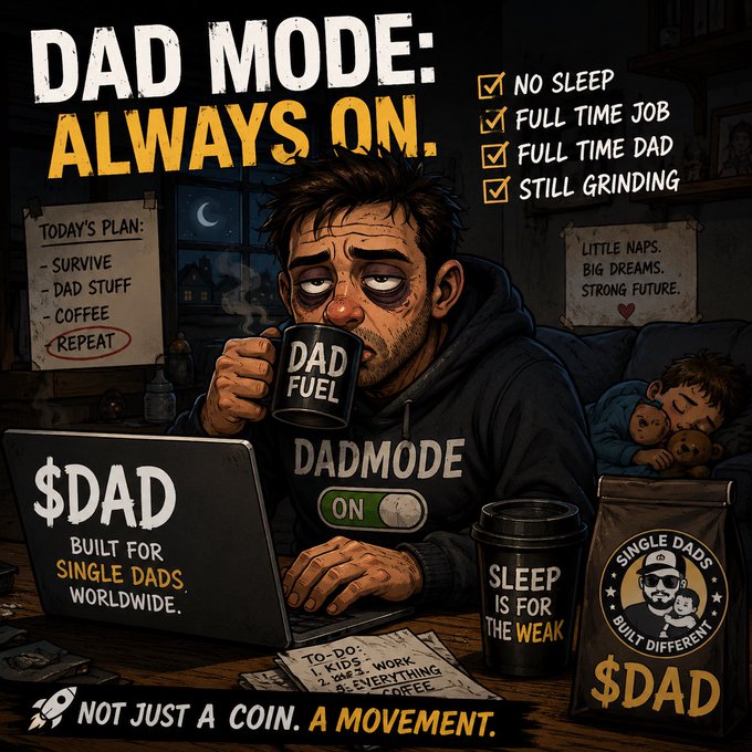 The image features a cartoon man sitting at a desk with a laptop, holding a coffee mug while working or browsing the internet. The background of the image shows a bed and a couch, suggesting that he might be spending time relaxing as well. There is text in the image that reads "DAD mode: always on", which indicates that the man is a father who works from home. The post also mentions that it's not just a coin but a movement towards working remotely or from home for fathers and their children, highlighting the importance of flexibility and work-life balance for families.