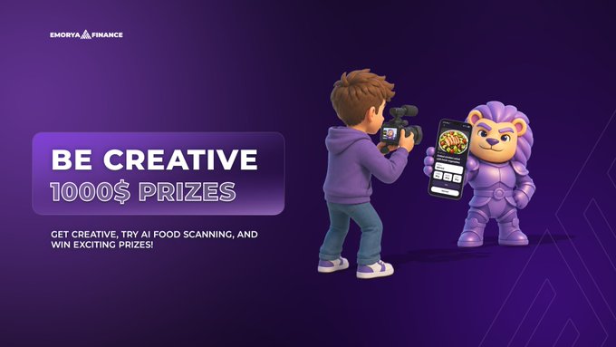 A promotional graphic for Emorya Finance's "Be Creative" contest features a 3D-rendered boy filming a purple lion mascot holding a smartphone that displays food scanning results, with text announcing "1000$ PRIZES" for trying AI Food Scanning. The vibrant purple-themed image directly illustrates the $1,000 prize pool contest celebrating the launch of Emorya's AI Food Scanning feature on mobile.