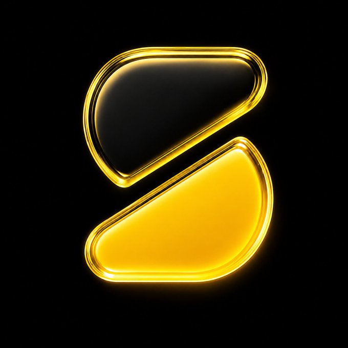 A glossy 3D golden stylized letter or logo resembling a curved shape against a black background.