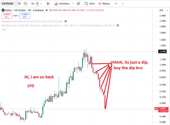 A TradingView candlestick chart for KAITO/US Dollar showing a -20.20% drop, annotated with red arrows and the text 'Hi, I am so back LFG' and 'HAHA, its just a dip, buy the dip bro'.