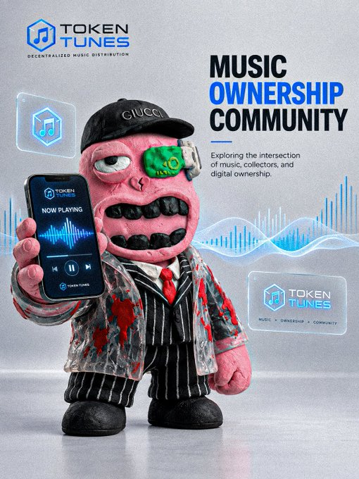 A promotional graphic for "TOKEN TUNES" featuring the tagline "MUSIC OWNERSHIP COMMUNITY" and a pink cartoon character in a suit and cap holding a smartphone displaying the app.