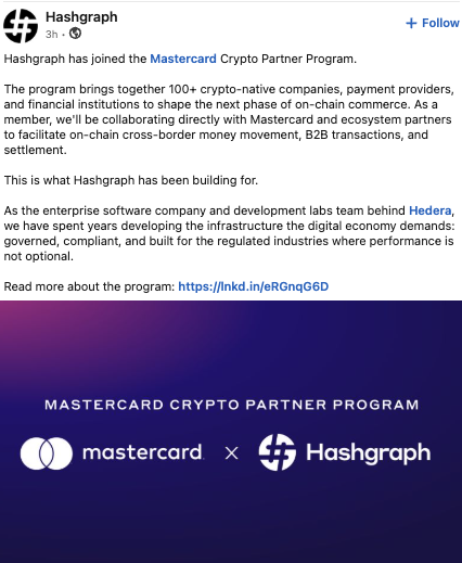 A LinkedIn post from Hashgraph announcing they joined the Mastercard Crypto Partner Program, featuring Mastercard and Hashgraph logos.