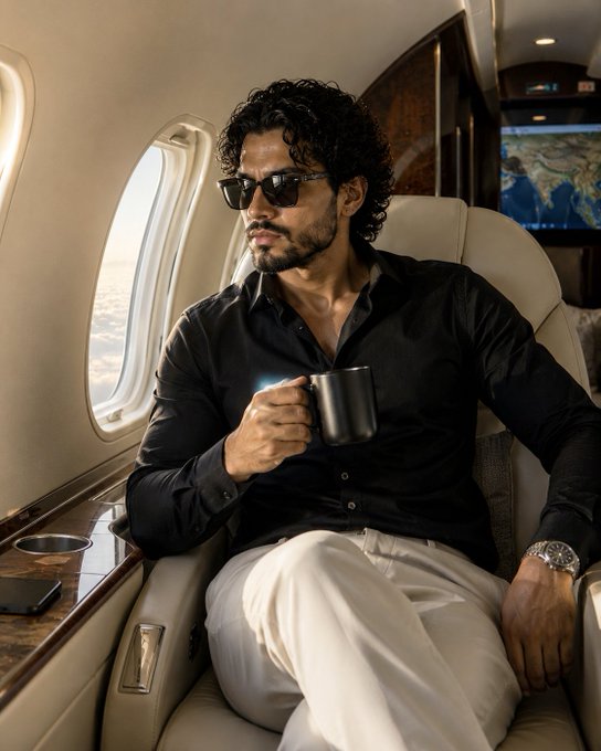 A man with curly hair and a beard wearing sunglasses and a black shirt sits in a private jet holding a black coffee mug, with a luxury watch visible on his wrist.