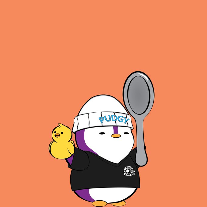 A cartoon penguin wearing a white beanie labeled 'PUDGY' and a black hoodie holds up a large spoon and a small yellow duckling against an orange background.