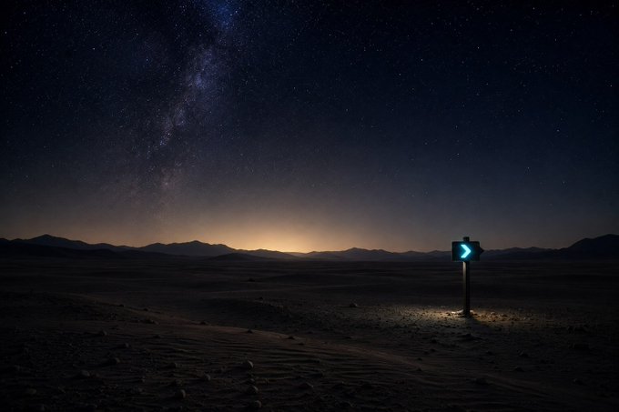 A lone illuminated directional sign with a white arrow stands in a vast, dark desert under a starry Milky Way sky, pointing toward the horizon. The image visually reinforces the post's message of perseverance and forward progress—suggesting that even in the darkest, most uncertain terrain, the path forward is visible and waiting.