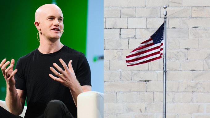 The image features a split composition with a man (resembling Coinbase CEO Brian Armstrong) speaking at what appears to be a panel or conference on the left, while the right side shows an American flag at half-mast against a stone building backdrop. The image relates to the post about Coinbase's SEC filings to introduce US single stock perpetuals, with the American flag symbolizing the company's push to bring these derivatives products to the US market.