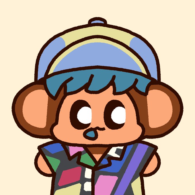 A colorful cartoon illustration of a chibi-style monkey character with large round ears, wearing a blue and yellow striped cap and a multicolored patchwork jacket against a cream background.