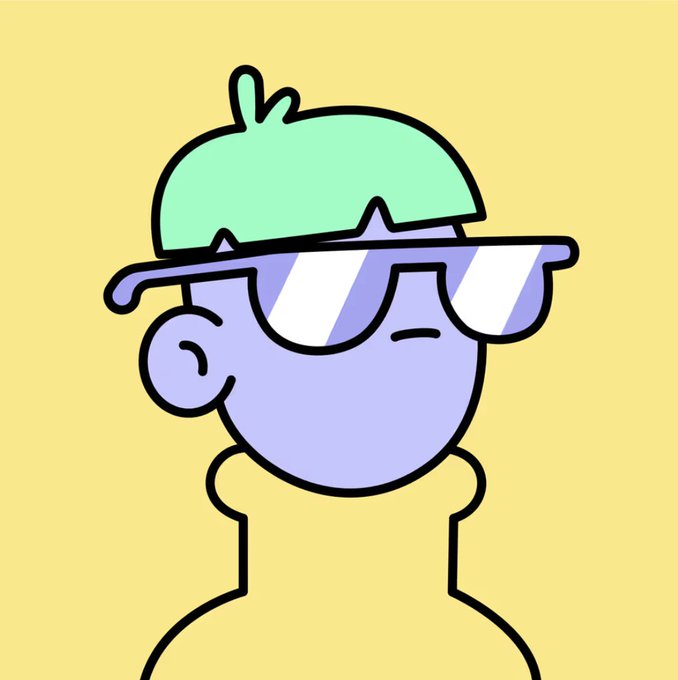 A cartoon-style illustration shows a character with light purple skin, a mint green cap, and white-framed sunglasses against a pale yellow background. This minimalist, pastel-colored artwork resembles a potential profile picture, fitting the "pfp worthy?" caption referencing the Doodles NFT collection.