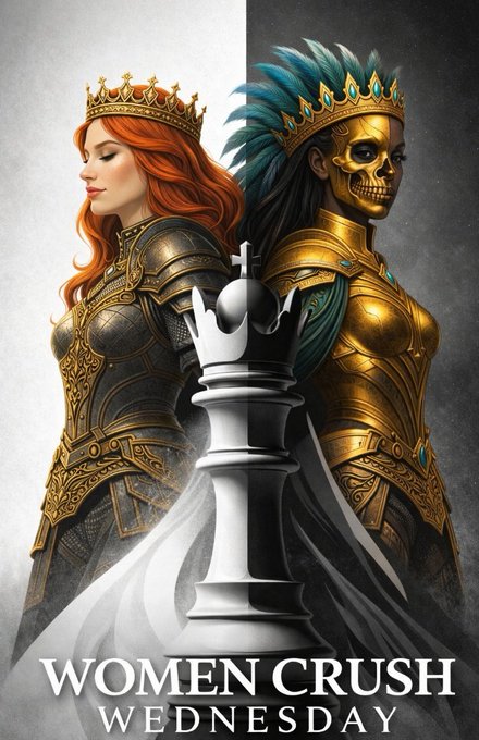 A fantasy-themed digital artwork for 'WOMEN CRUSH WEDNESDAY' depicting two armored warrior queens—one red-haired and one with a golden skull face—flanking a large chess king piece.